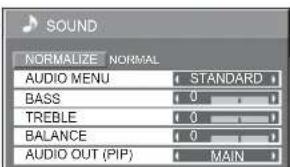 SOUND NORMALIZE NORMAL AUDIO MENU STANDARD BASS 0 TREBLE 0 BALANCE 0 AUDIO OUT (PIP) MAIN