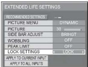 EXTENDED LIFE SETTINGS RECOMMENDED SETTINGS PICTURE MENU DYNAMIC PICTURE 30 SIDE BAR ADJUST BRIHGT WOBBLING OFF PEAK LIMIT OFF LOCK SETTINGS LOCK APPLY TO CURRENT INPUT APPLY TO ALL INPUTS
