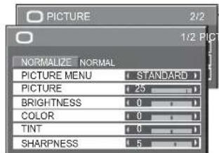 PICTURE 2/2 1/2 PICT NORMALIZE NORMAL PICTURE MENU STANDARD PICTURE 25 BRIGHTNESS 0 COLOR 0 TINT 0 SHARPNESS 5