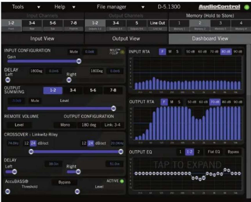 Tools Help File manager D-5.1300 AudioControl Input Channels Output Channels Memory (Hold to Store) 1-2 3-4 5-6 7-8 1-2 3-4 5 Line Out 1 2 3 4 Front Right Side Front H1 Outputs 1-2 Outputs 3-4 Outputs 5-6 Line out Memory 1 Memory 2 Memory 3 Memory 4 Input View Output View Dashboard View INPUT CONFIGURATION Gain Mute 0.0dB MILC™/CLIP INPUT RTA F M S 50 dB 60 dB 70 dB 80 dB 90 dB DELAY Left 180Deg 0.0mS Right 180Deg 0.0mS OUTPUT SUMMING 1-2 3-4 5-6 7-8 -3.0dB Mute Level REMOTE VOLUME OUTPUT CONFIGURATION Level Mono 180 deg Link: 3-4 CROSSOVER : Linkwitz-Riley 74.0Hz 12 24 dB/oct 12 24 dB/oct 20.0kHz DELAY Left 38.0m Right 51.0m AccuBASS® Bypass ACTIVE Threshold Level OUTPUT RTA F M S 50 dB 60 dB 70 dB 80 dB 90 dB OUTPUT EQ 1 1-2 2 Flat EQ Bypass TAP TO EXPAND