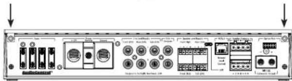 Back panel of a network equipment rack with labeled ports and connectors, showing status indicators for status change.