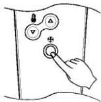 Diagram showing a hand pressing a button on a panel with symbols including a triangle, inverted circle, and plus sign.