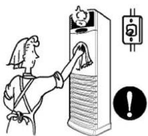 Illustration showing a person cleaning a high-voltage power station with an electrical outlet symbol nearby