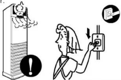 Safety warning illustration showing a person using an electrical switch to clean water, with warning symbols and a magnified view of the device.