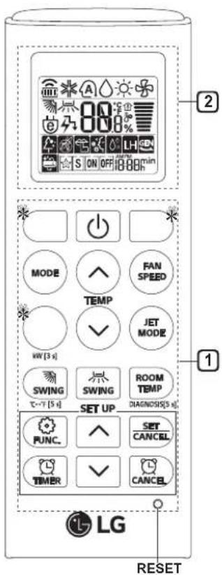 2 MODE FAN SPEED TEMP JET MODE SWING ROOM TEMP SET UP SET CANCEL FUNC. SET CANCEL TIMER CANCEL LG RESET