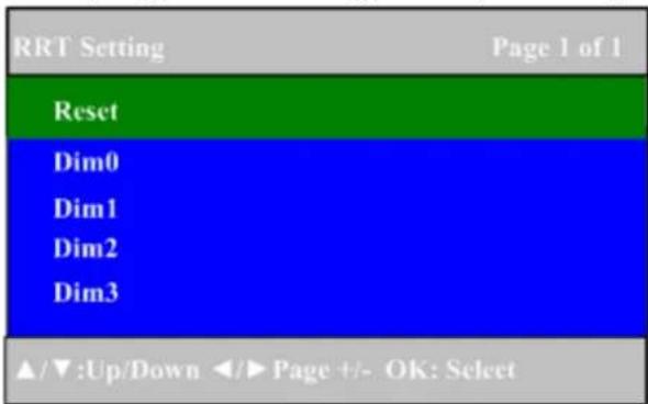 RRT Setting Page 1 of 1 Reset Dim0 Dim1 Dim2 Dim3 ▲/▼:Up/Down ◀/►Page +/- OK: Select