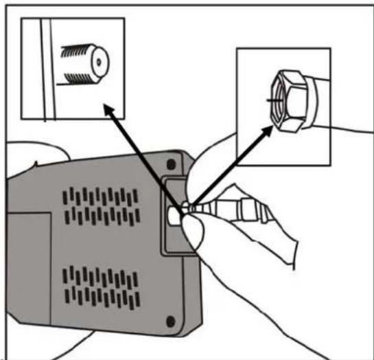 Diagram showing a hand holding a device with a screw and a nut, illustrating the process of adjustment or assembly.