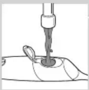 Line drawing of a medical procedure showing a needle inserted into a cup (no text or symbols present)