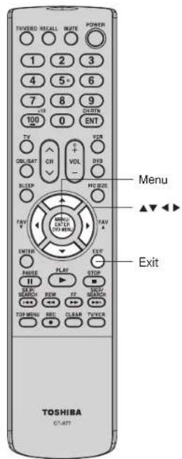 TWOERED MECALL MUTE POWER 1 2 3 4 5° 6 7 8 9 100 0 QUINTH ENT TV VOR COL/SAT CH VOL DVD SLEEP HOURS FAV F/V ENTER EXE PANE PLAY STOP II REE OFF SWITCH TOP MENU REC CLEAR TWYDER Menu ▲▼▲▼ Exit TOSHIBA 07-877