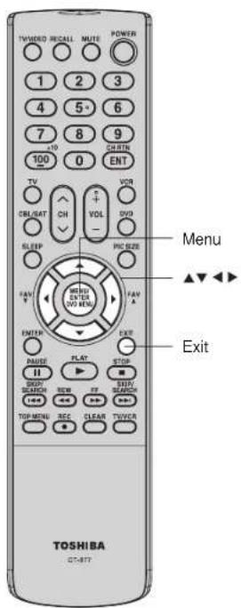 TOWBEO RECALL MUTE POWER 1 2 3 4 5 6 7 8 9 100 0 ENT TV VOR CRL/SAT CH VOL DVD SLEEP PROC SIZE MENU MENI ENTI VNO MENU FAM A EXIT PANEER PLAY STOP H I SPRING SEE 100 SEACH FF SEE TOP MENU REC CLEAR TV/VR TOSHIBA GT-877
