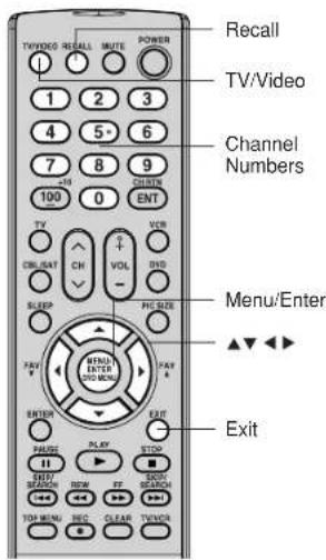 TV/Video: RECALL MUTE POWER 1 2 3 4 5° 6 7 8 9 100 0 ENT TV CBL/BAT CH VOL VCR SLEEP PHC SLIDE PAY ENTER ENTER COLD MENU PAY A EXIT MENU/Enter Menu/Enter Exit