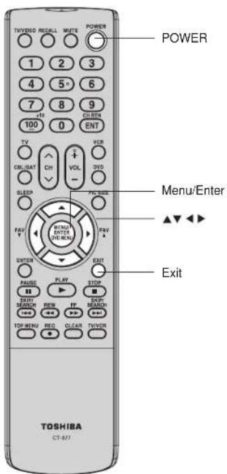 TOWEDD RECALL MUTE POWER 1 2 3 4 5 6 7 8 9 100 0 ENT TV VCR CBL/SAT CH VOL DVD SLEEP TV/DISER FEN/ENT ENTER ENTER UBE HEAD PULSE PLAY STOP EXIT SEARCH FF SEARCH TOP MENU REC CLEAR TWVOR TOSHIBA CT-827 Menu/Enter Exit