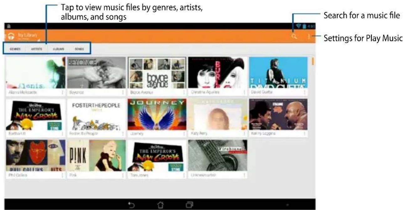 Tap to view music files by genres, artists, albums, and songs Search for a music file Settings for Play Music