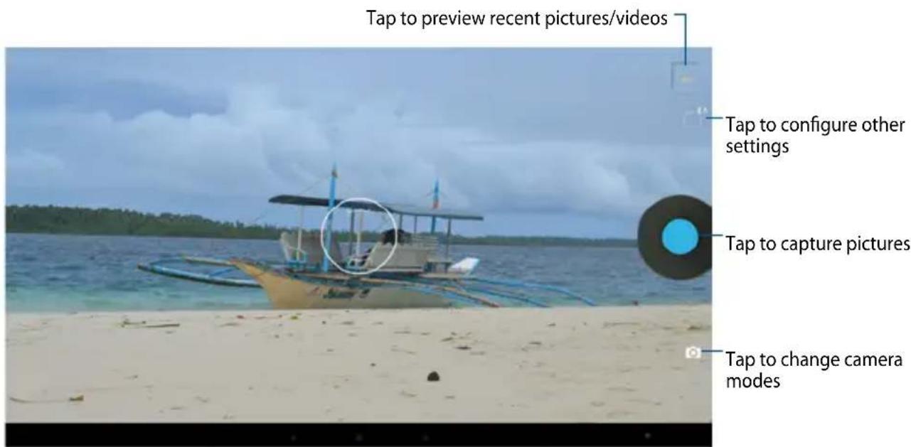 Tap to preview recent pictures/videos Tap to configure other settings Tap to capture pictures Tap to change camera modes