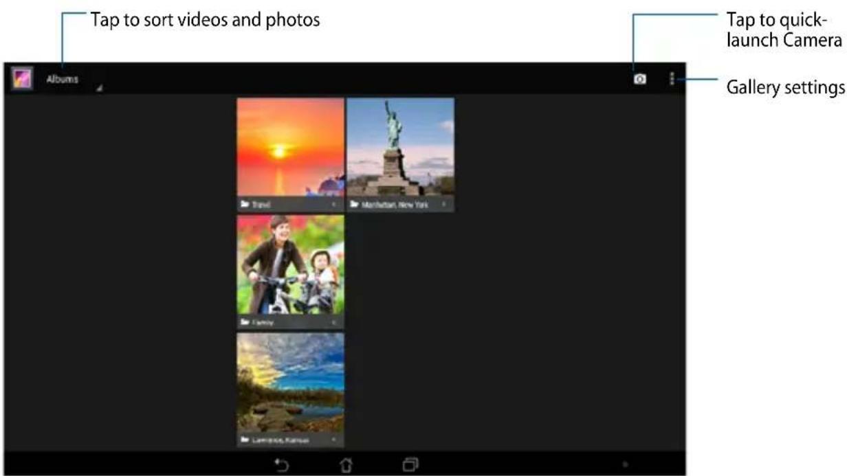 Tap to sort videos and photos Tap to quick- launch Camera Gallery settings Albums Travel Manhattan, New York Carry Lawrence, Kansas