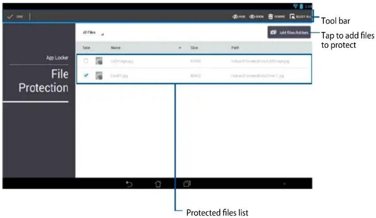 App Locker File Protection All Files Tool bar Tap to add files to protect Type Name Size Path Image files.jpg ANSI Email1.jpg ANSI Indicates D:\win@reap.org\image.jpg Protected files list