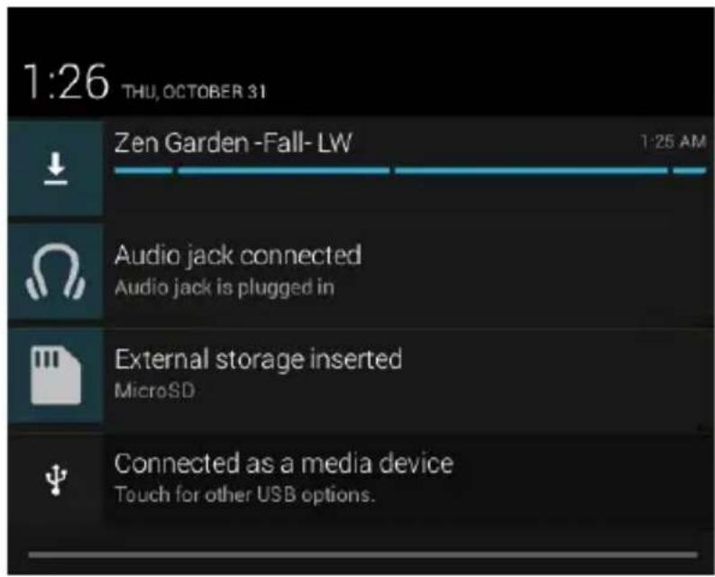 1:26 THU, OCTOBER 31 Zen Garden -Fall- LW 1:25 AM Audio jack connected Audio jack is plugged in External storage inserted MicroSD Connected as a media device Touch for other USB options.