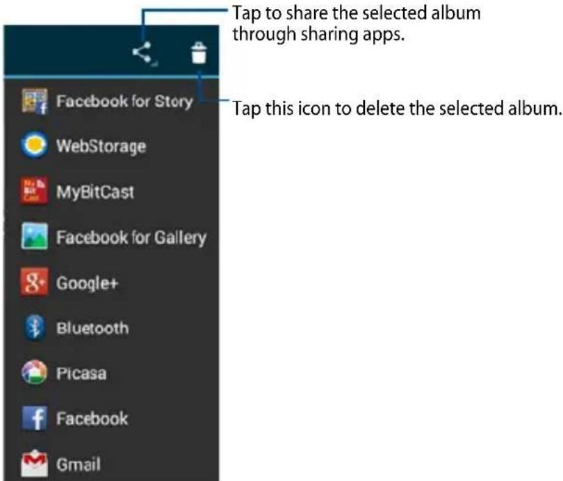 Tap to share the selected album through sharing apps. Tap this icon to delete the selected album.
