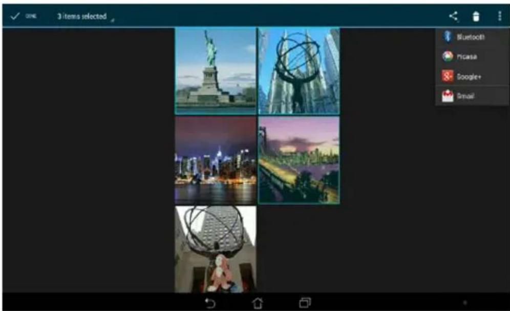 3 items selected Bluetooth Picasa Google+ Simuel