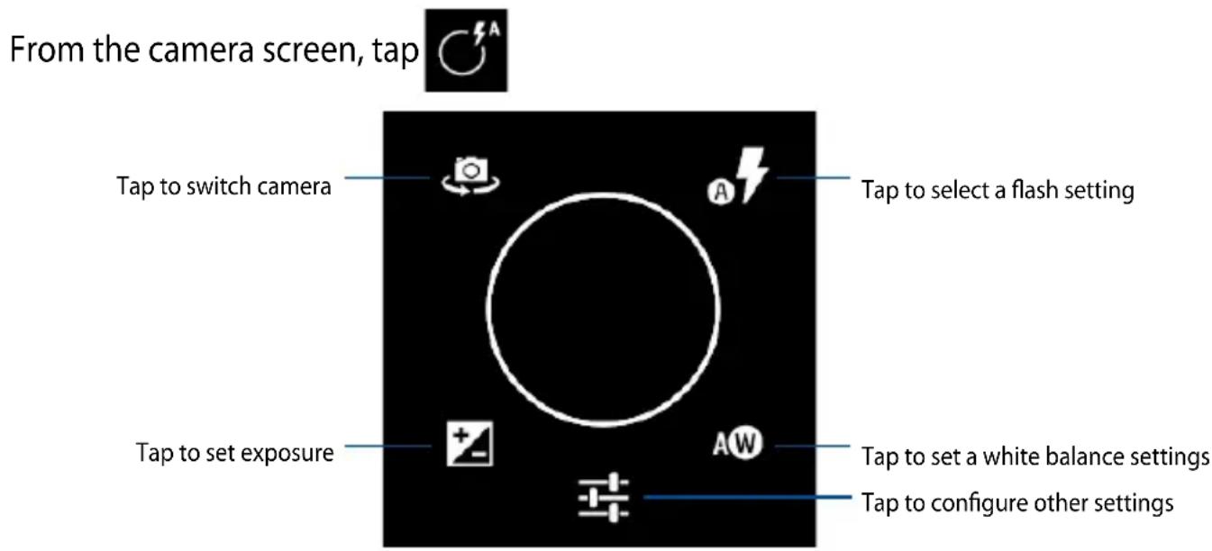 From the camera screen, tap Tap to switch camera Tap to set exposure Tap to select a flash setting Tap to set a white balance settings Tap to configure other settings