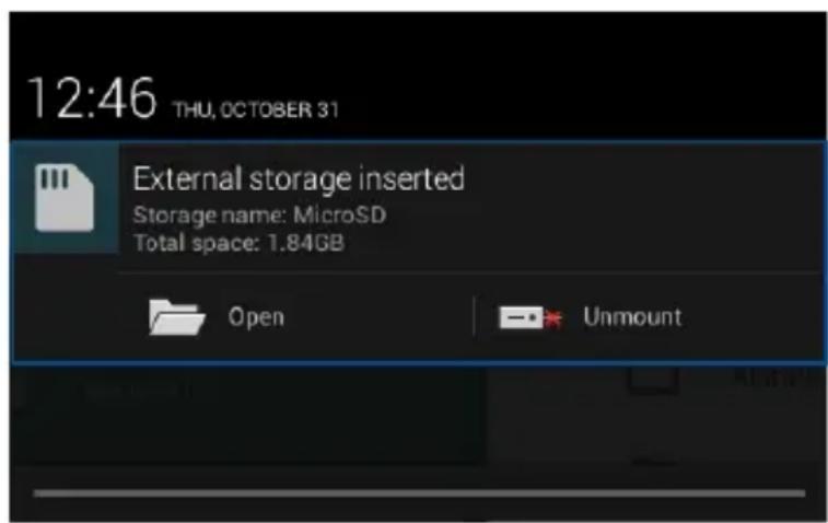 12:46 THU, OCTOBER 31 External storage inserted Storage name: MicroSD Total space: 1.84GB Open Unmount