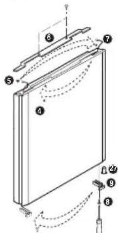 Technical diagram of a mechanical device with numbered components and motion arrows indicating movement or force