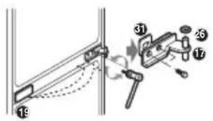 Diagram showing mechanical assembly with numbered components and motion indicators