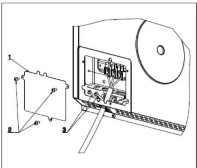 Technical diagram of an electronic device with labeled components and exploded view
