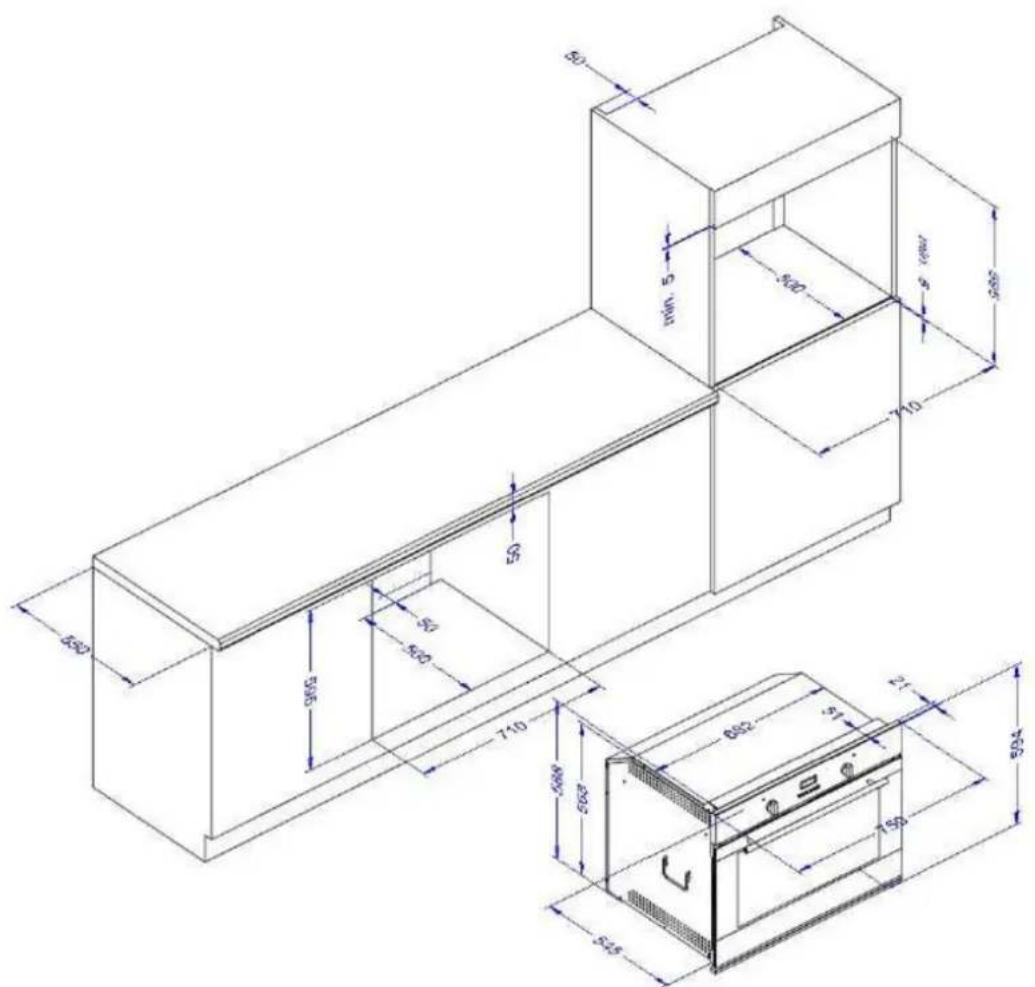 Technical drawing of a modular kitchen unit with dimensional annotations in millimeters