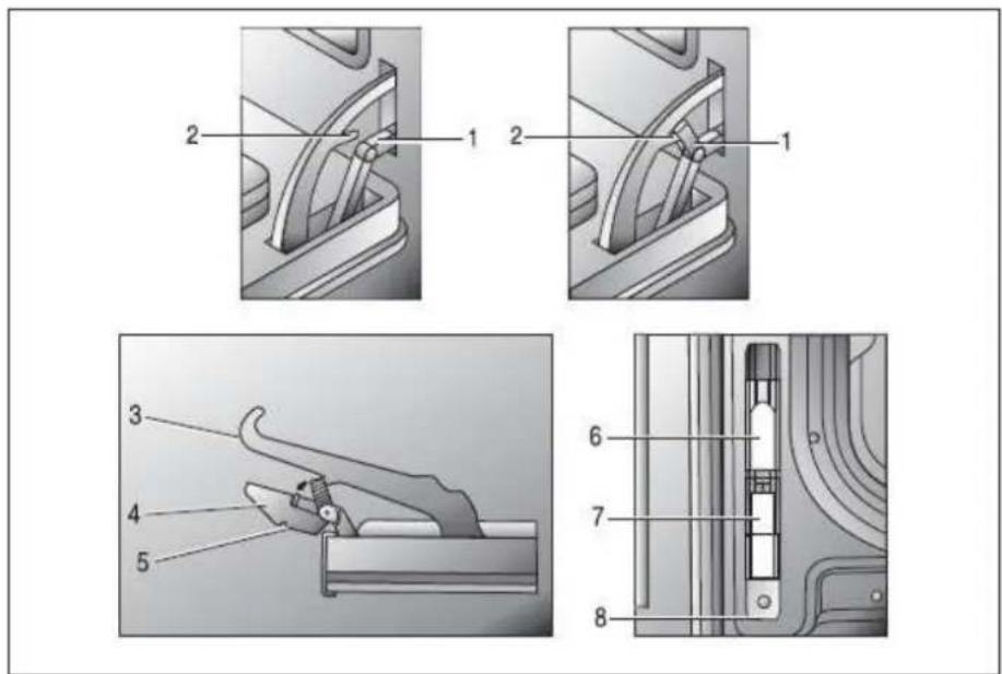 Technical diagram showing mechanical assembly steps with numbered components and labeled parts