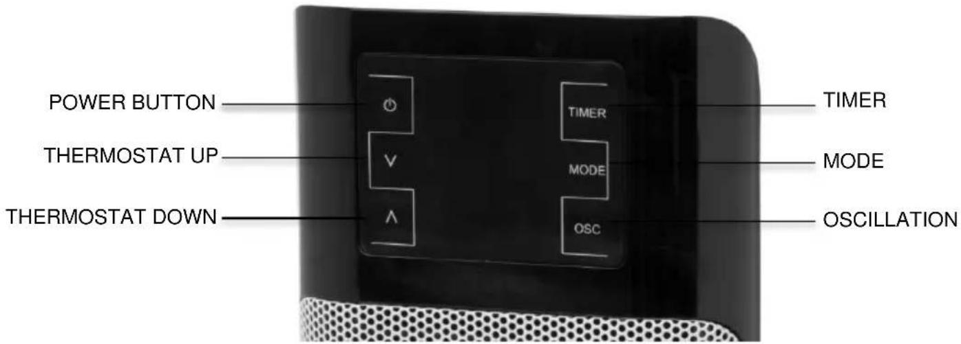 POWER BUTTON THERMOSTAT UP THERMOSTAT DOWN TIMER MODE OSC OSCILLATION