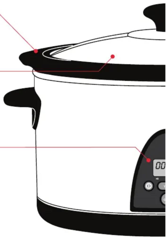Diagram of a cooking pot with labeled components and measurement indicators