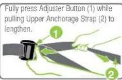 Fully press Adjuster Button (1) while pulling Upper Anchorage Strap (2) to lengthen.