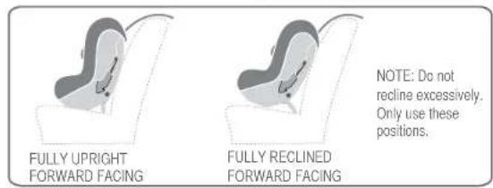 FULLY UPRIGHT FORWARD FACING FULLY RECLINED FORWARD FACING NOTE: Do not recline excessively. Only use these positions.