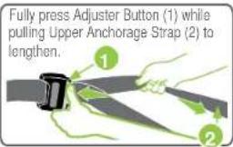 Fully press Adjuster Button (1) while pulling Upper Anchorage Strap (2) to lengthen.