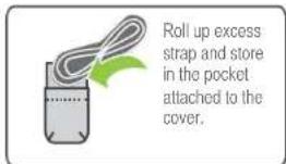 Roll up excess strap and store in the pocket attached to the cover.