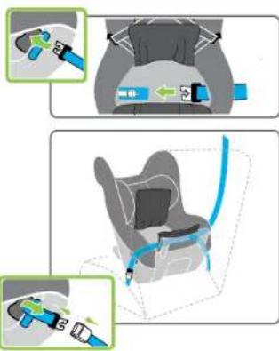 Diagram illustrating car seatbelt usage with labeled buttons and directional arrows for safety instructions