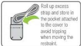 Roll up excess strap and store in the pocket attached to the cover to avoid tripping when moving the restraint.