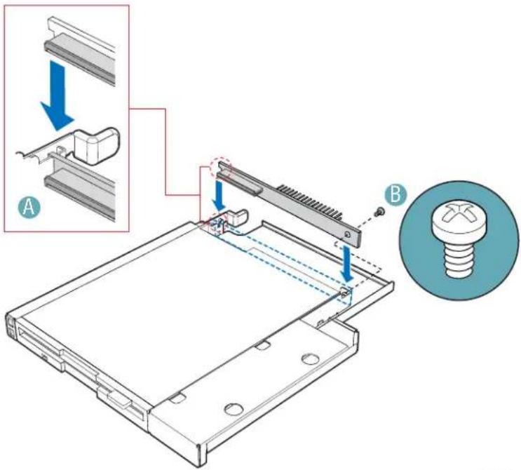 Technical diagram showing assembly steps of a mechanical component with labeled parts A and B, including blue arrows indicating motion direction.