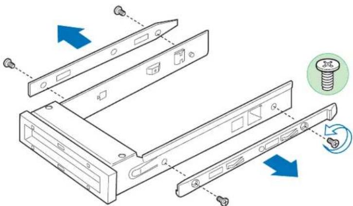Diagram illustrating the assembly of a computer drive into a hard drive, with labeled components and directional arrows indicating motion.