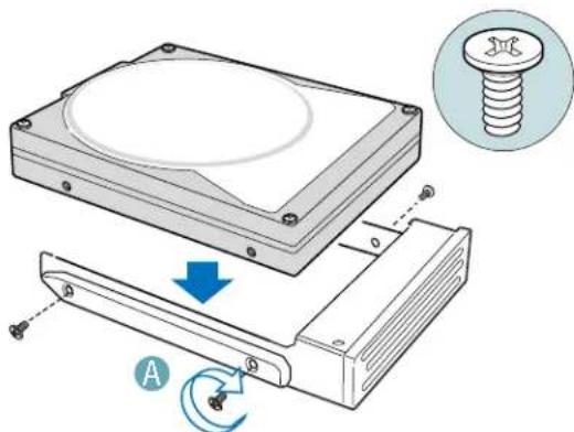 Technical diagram showing assembly of a hard disk with screw and mechanical components, labeled with component A