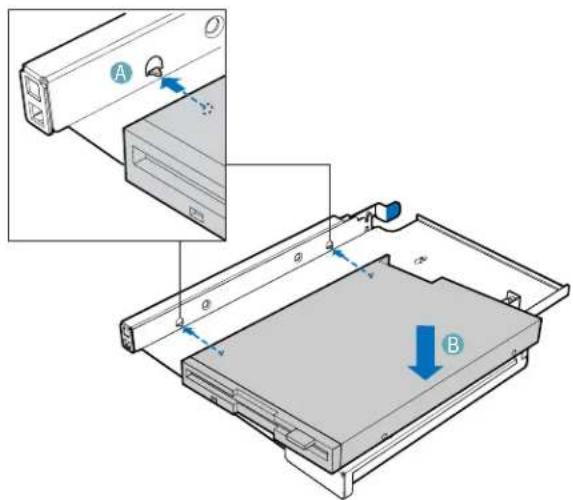 Technical diagram showing a device with labeled components A and B, including a zoomed-in view of the component.