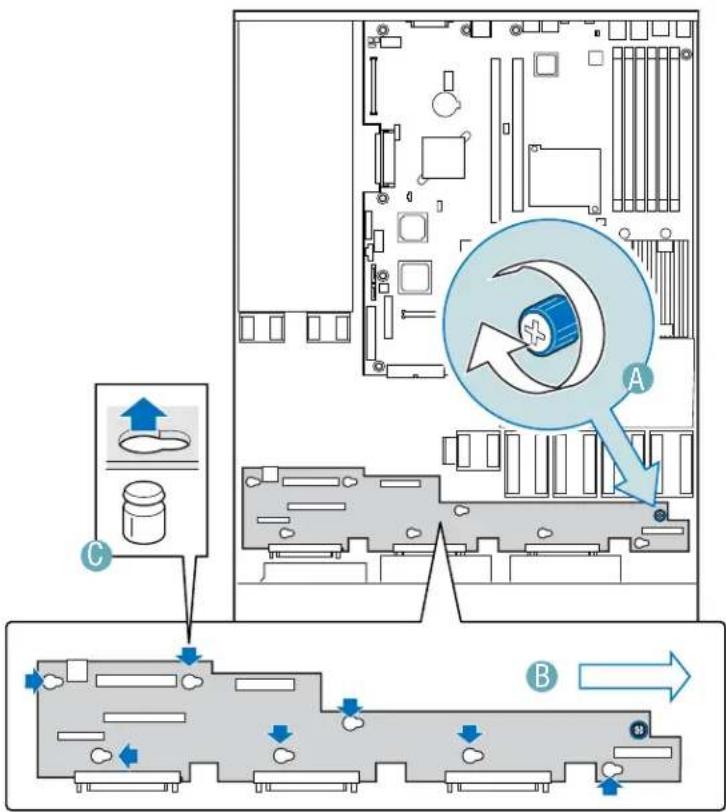 Diagram of a computer motherboard with labeled components and directional arrows indicating movement or process flow.