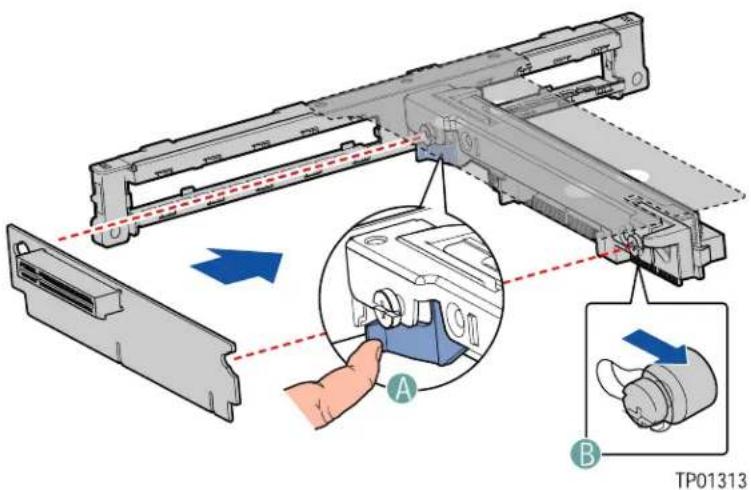 Technical diagram showing assembly of a mechanical component with labeled parts A and B, including a hand pressing a component.