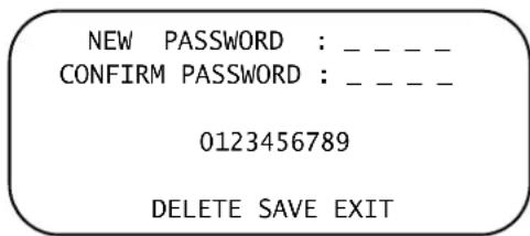 NEW PASSWORD : _ _ _ CONFIRM PASSWORD : _ _ _ 0123456789 DELETE SAVE EXIT