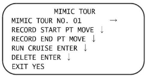MIMIC TOUR MIMIC TOUR NO. 01 → RECORD START PT MOVE ↓ RECORD END PT MOVE ↓ RUN CRUISE ENTER ↓ DELETE ENTER ↓ EXIT YES