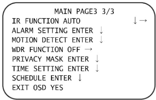 MAIN PAGE3 3/3 IR FUNCTION AUTO ↓ → ALARM SETTING ENTER ↓ MOTION DETECT ENTER ↓ WDR FUNCTION OFF → PRIVACY MASK ENTER ↓ TIME SETTING ENTER ↓ SCHEDULE ENTER ↓ EXIT OSD YES