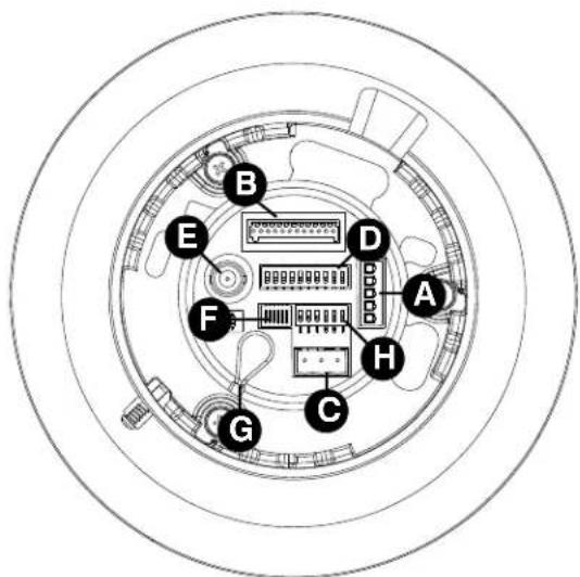 Diagram of a circular electronic device with labeled pins A through H, showing internal components and connections.