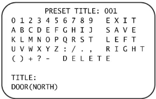 PRESET TITLE: 001 0 1 2 3 4 5 6 7 8 9 EXIT A B C D E F G H I J SAVE K L M N O P Q R S T LEFT U V W X Y Z : / . , RIGHT ( ) + ? - DELETE TITLE: DOOR(NORTH)