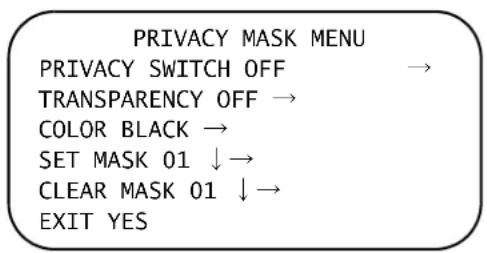 PRIVACY MASK MENU PRIVACY SWITCH OFF → TRANSPARENCY OFF → COLOR BLACK → SET MASK 01 ↓ → CLEAR MASK 01 ↓ → EXIT YES